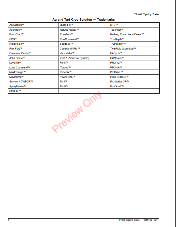 JOHN DEERE TT1005 TIPPING TRAILER PC11488 - PARTS CATALOG MANUAL