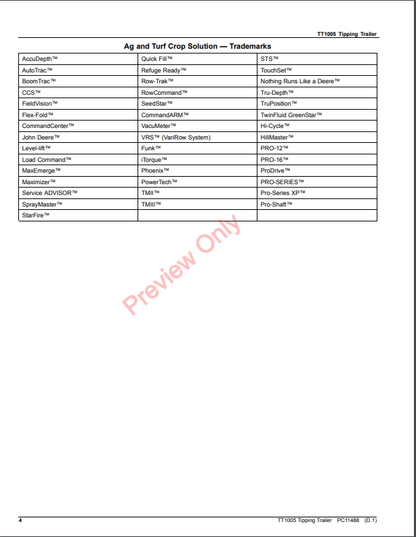 JOHN DEERE TT1005 TIPPING TRAILER PC11488 - PARTS CATALOG MANUAL