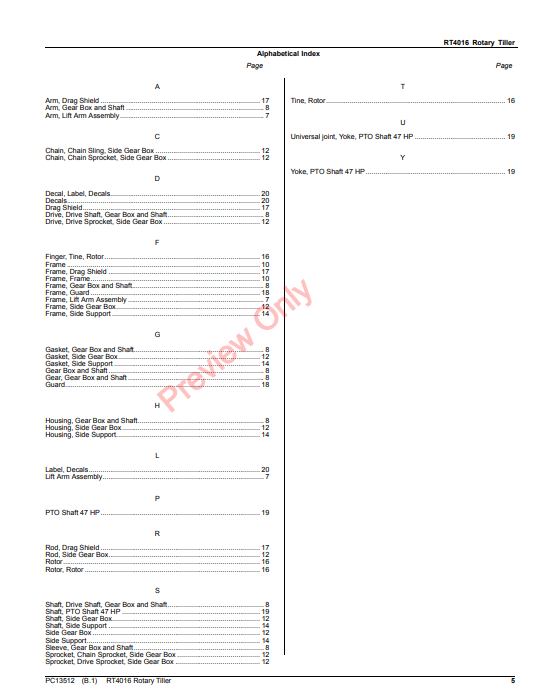 JOHN DEERE RT4016 ROTARY TILLER PC13512 - PARTS CATALOG MANUAL