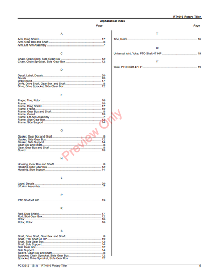 JOHN DEERE RT4016 ROTARY TILLER PC13512 - PARTS CATALOG MANUAL