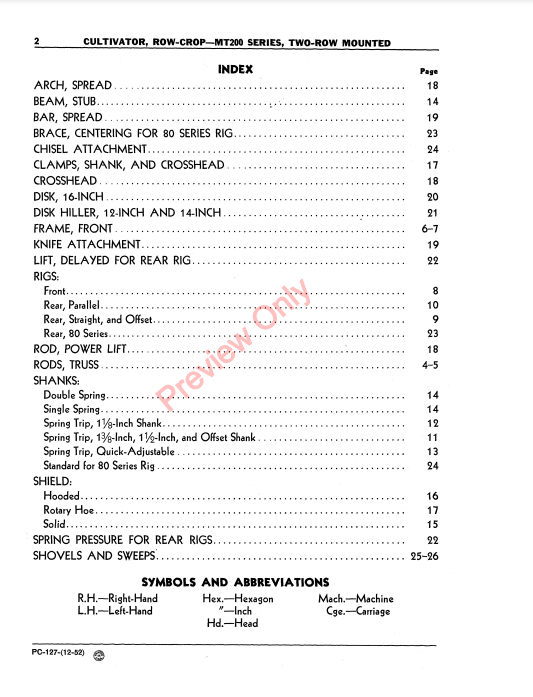 JOHN DEERE MT200 ROW CROP CULTIVATOR - MT200 SERIES PC127 - PARTS CATALOG MANUAL