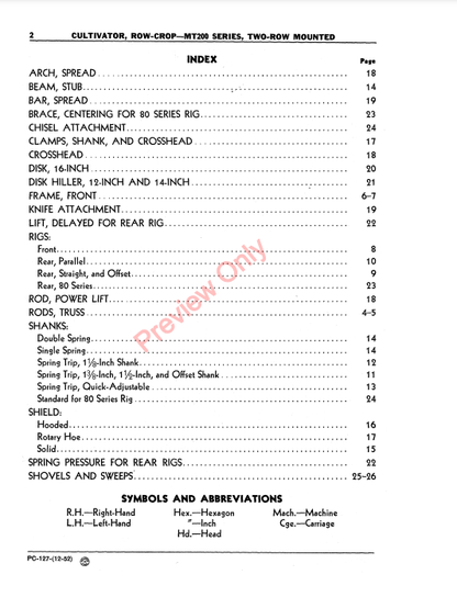 JOHN DEERE MT200 ROW CROP CULTIVATOR - MT200 SERIES PC127 - PARTS CATALOG MANUAL