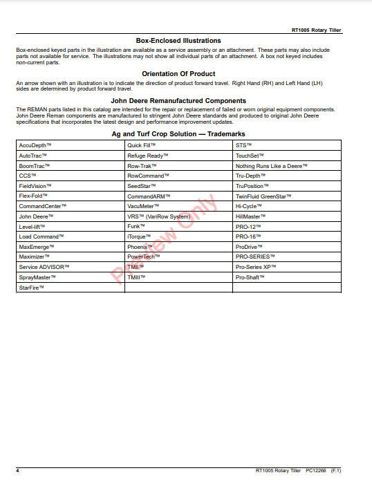 JOHN DEERE RT1005 ROTARY TILLER PC12266 - PARTS CATALOG MANUAL