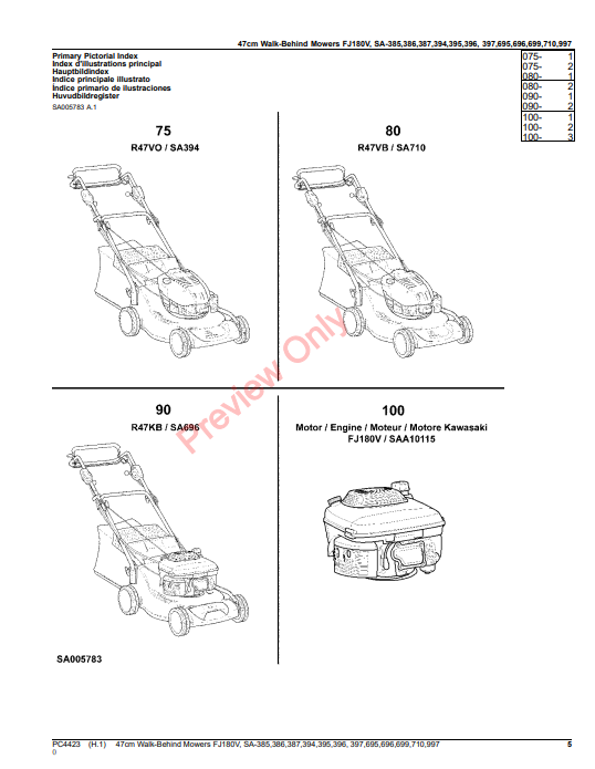 JOHN DEERE 47CM WALK-BEHIND MOWERS 4-CYCLE ENGINE FJ180V, SA385, SA386, SA387, SA394, SA395, SA396, SA397, SA695, SA PC4423 - PARTS CATALOG MANUAL