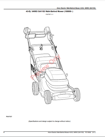 JOHN DEERE 43CM ELECTRIC WALK-BEHIND MOWER 43-EL VARIO (SA1153) PC10932 - PARTS CATALOG MANUAL