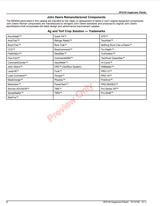 JOHN DEERE SP3130 SUGARCANE PLANTER PC12150 - PARTS CATALOG MANUAL