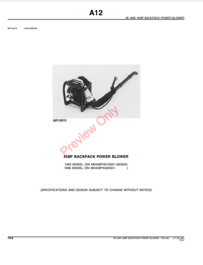 JOHN DEERE 5E AND 45BP BACKPACK POWER BLOWER PC2162 - PARTS CATALOG MANUAL