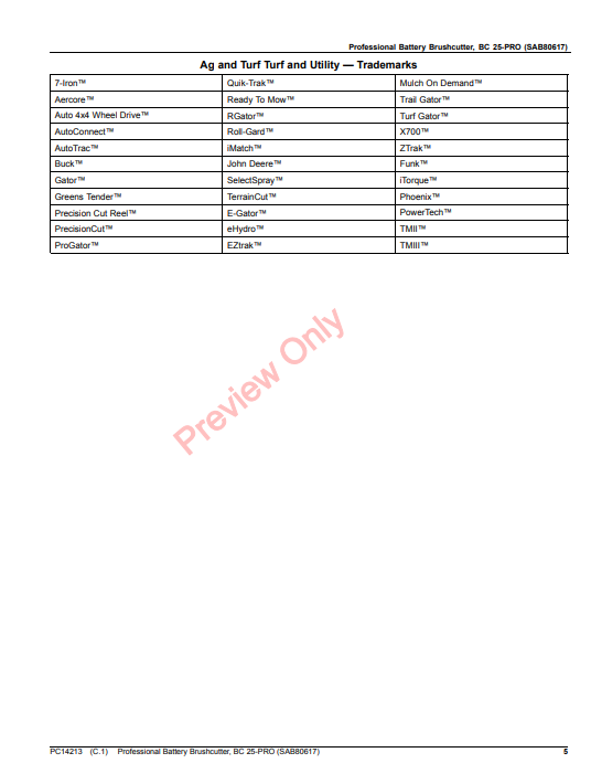 JOHN DEERE PROFESSIONAL BATTERY BRUSHCUTTER, BC 25-PRO (SAB80617) PC14213 - PARTS CATALOG MANUAL