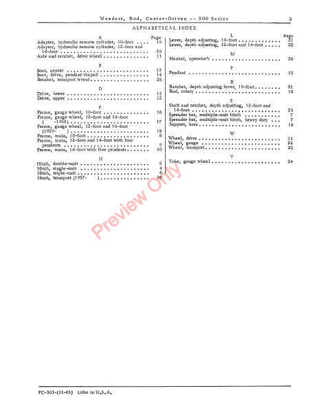 JOHN DEERE CENTER-DRIVEN ROD WEEDERS - 500 SERIES PC501 - PARTS CATALOG MANUAL