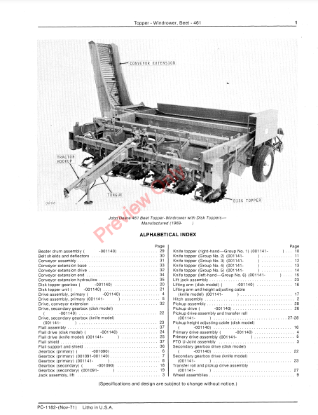 JOHN DEERE 461 BEET-TOPPER-WINDROWER PC1182 - PARTS CATALOG MANUAL