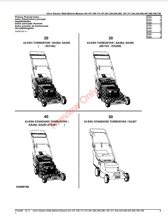 JOHN DEERE 43CM ELECTRIC WALK-BEHIND MOWERS SA107, 109, 113, 191, 281, 284, 285, 286, 307, 311, 334, 335, 496, 497, 499, 7 PC4406 - PARTS CATALOG MANUAL