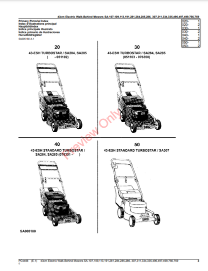 JOHN DEERE 43CM ELECTRIC WALK-BEHIND MOWERS SA107, 109, 113, 191, 281, 284, 285, 286, 307, 311, 334, 335, 496, 497, 499, 7 PC4406 - PARTS CATALOG MANUAL