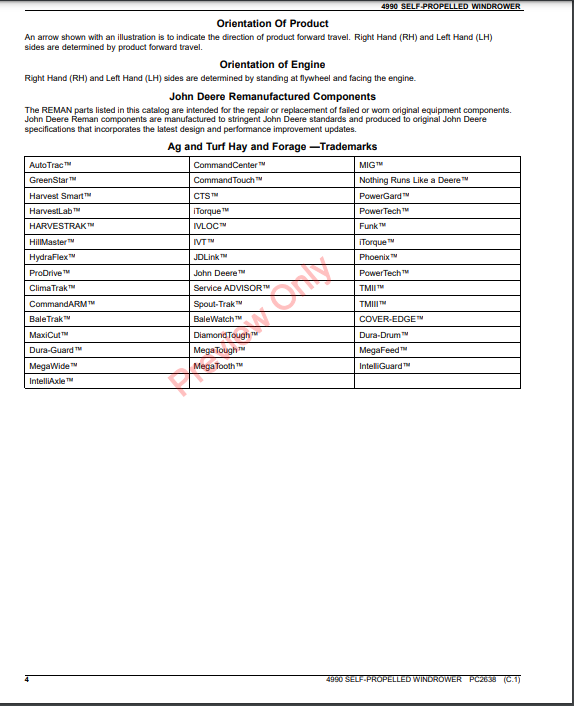 JOHN DEERE 4990 SELF-PROPELLED WINDROWER PC2638 - PARTS CATALOG MANUAL