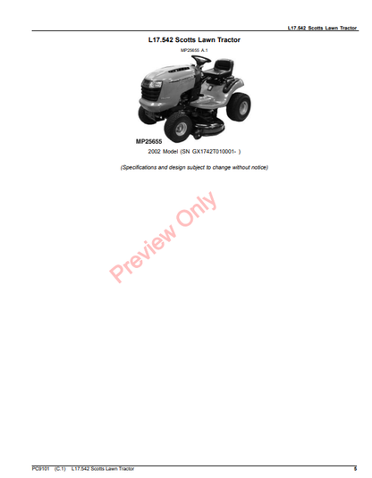 JOHN DEERE L17.542 SCOTTS LAWN TRACTOR PC9101 - PARTS CATALOG MANUAL