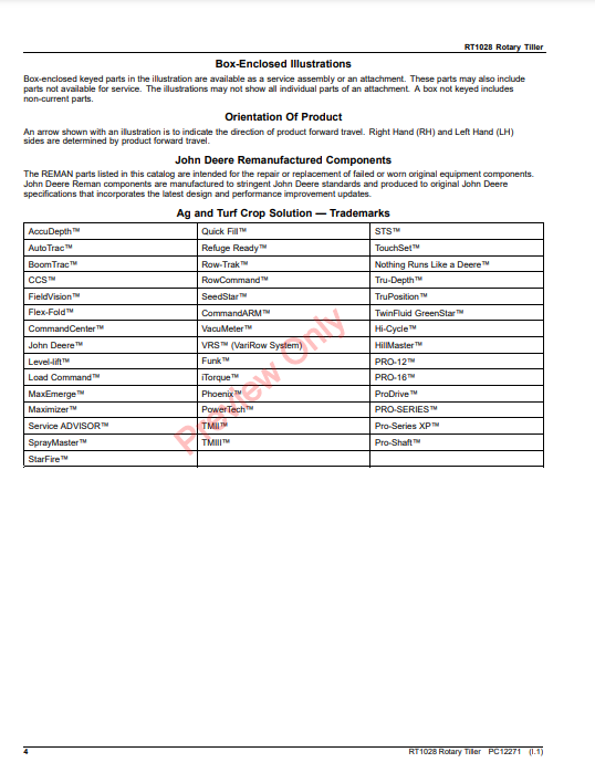 JOHN DEERE RT1028 ROTARY TILLER PC12271 - PARTS CATALOG MANUAL