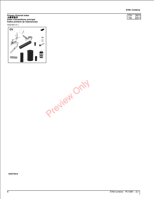 JOHN DEERE S760 COMBINE PC12981 - PARTS CATALOG MANUAL