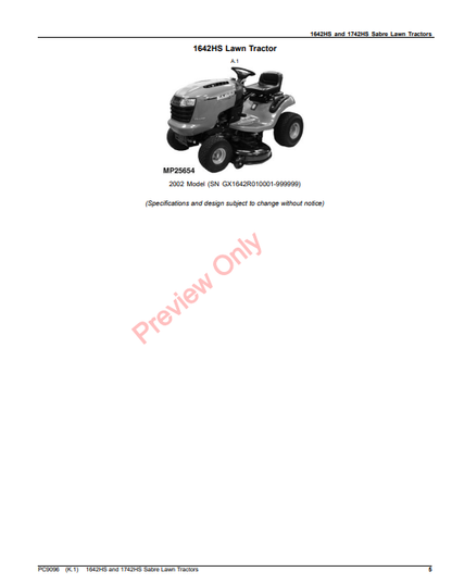 JOHN DEERE 1642HS (2002) AND 1742HS (2002) SABRE LAWN TRACTORS PC9096 - PARTS CATALOG MANUAL