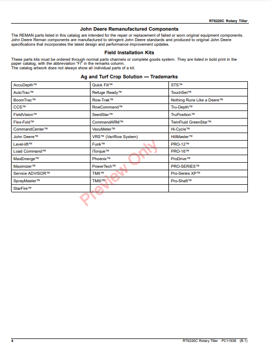 JOHN DEERE RT6220C ROTARY TILLER PC11938 - PARTS CATALOG MANUAL