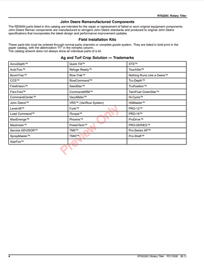 JOHN DEERE RT6220C ROTARY TILLER PC11938 - PARTS CATALOG MANUAL