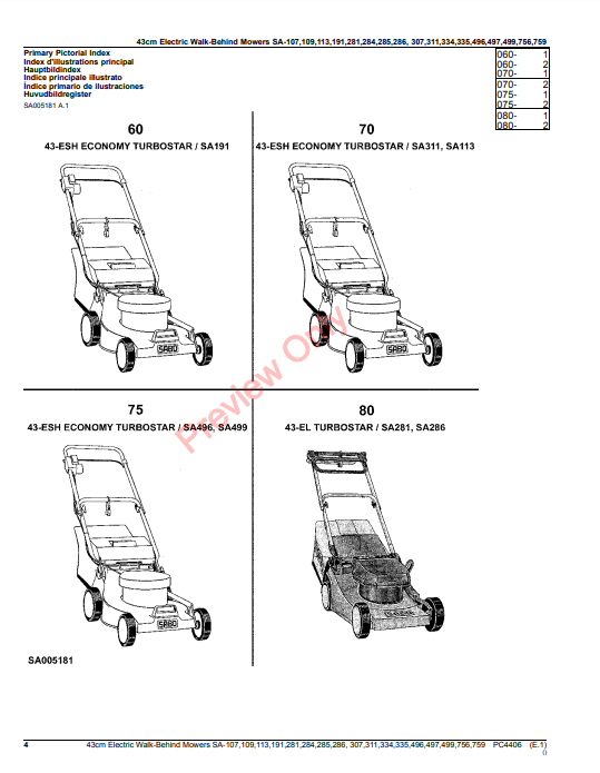 JOHN DEERE 43CM ELECTRIC WALK-BEHIND MOWERS SA107, 109, 113, 191, 281, 284, 285, 286, 307, 311, 334, 335, 496, 497, 499, 7 PC4406 - PARTS CATALOG MANUAL