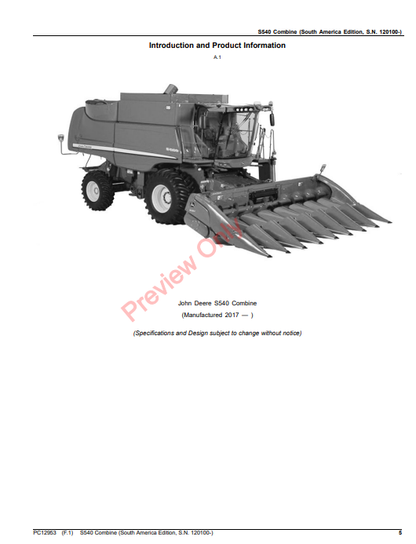 JOHN DEERE S540 COMBINE (SOUTH AMERICA EDITION) PC12953 - PARTS CATALOG MANUAL