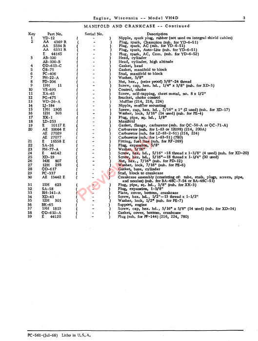 JOHN DEERE VH4D WISCONSIN ENGINE PC561 - PARTS CATALOG MANUAL