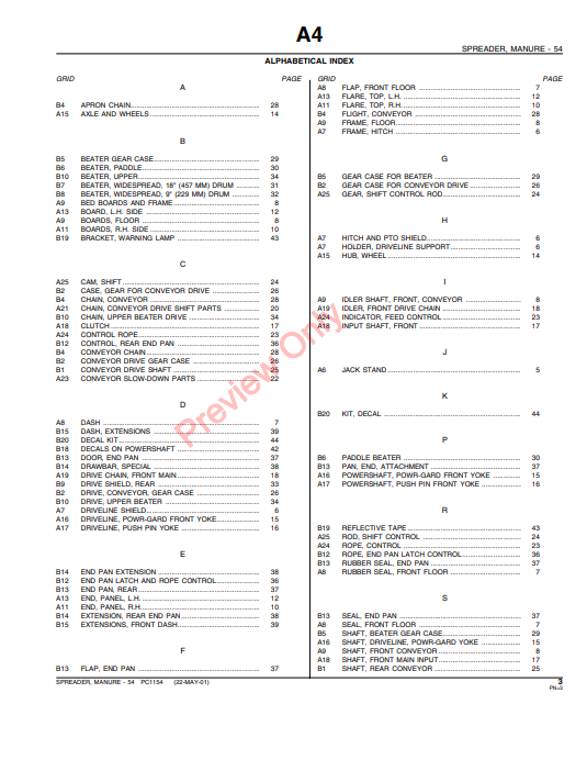 JOHN DEERE 54 MANURE SPREADER PC1154 - PARTS CATALOG MANUAL