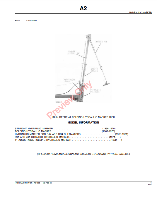 JOHN DEERE HYDRAULIC MARKER PC1062 - PARTS CATALOG MANUAL