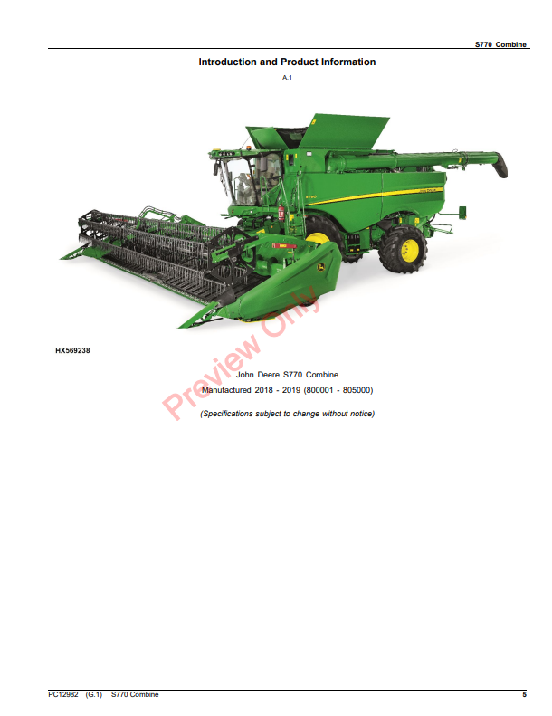 JOHN DEERE S770 COMBINE PC129282 - PARTS CATALOG MANUAL