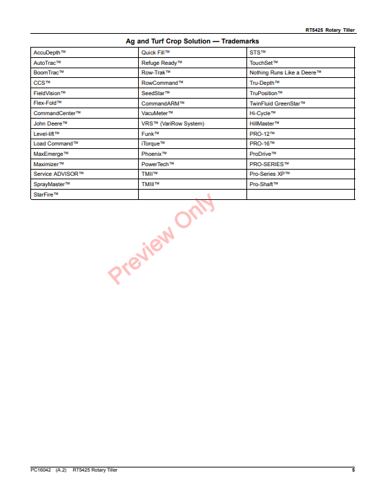 JOHN DEERE RT5425 ROTARY TILLER PC16042 - PARTS CATALOG MANUAL