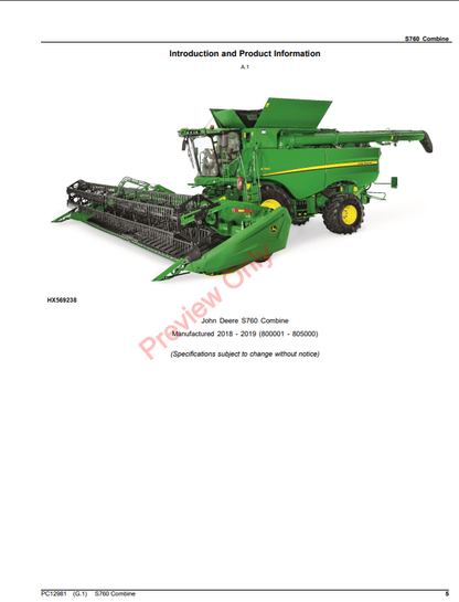 JOHN DEERE S760 COMBINE PC12981 - PARTS CATALOG MANUAL