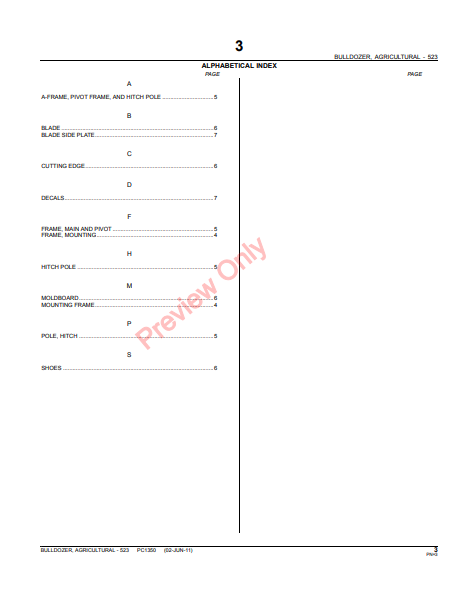 JOHN DEERE 523 AGRICULTURAL BULLDOZER PC1350 - PARTS CATALOG MANUAL