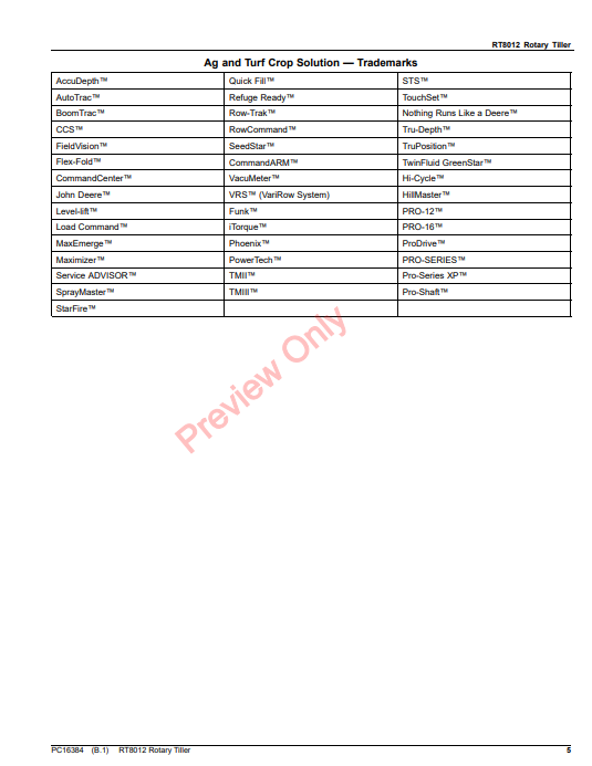 JOHN DEERE RT8012 ROTARY TILLER PC16384 - PARTS CATALOG MANUAL