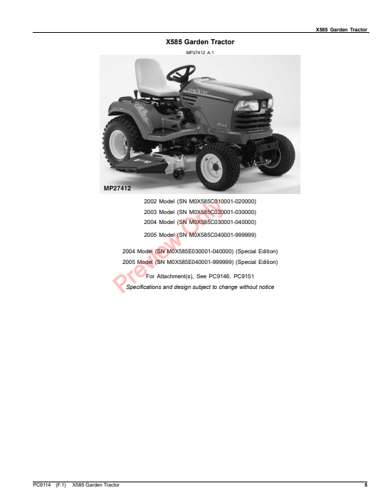 JOHN DEERE X585 GARDEN TRACTOR PC9114 - PARTS CATALOG MANUAL