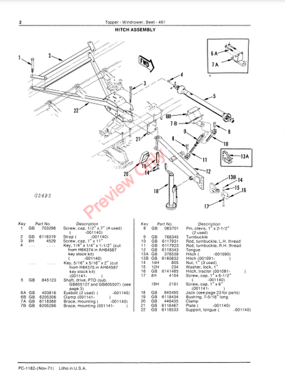 JOHN DEERE 461 BEET-TOPPER-WINDROWER PC1182 - PARTS CATALOG MANUAL