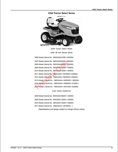 JOHN DEERE X324 TRACTOR SELECT SERIES PC9522 - PARTS CATALOG MANUAL