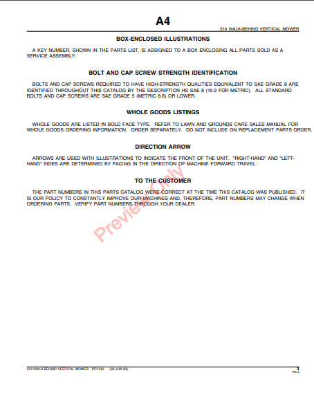 JOHN DEERE 519 WALK-BEHIND VERTICAL MOWER PC2134 - PARTS CATALOG MANUAL