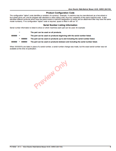 JOHN DEERE 43CM ELECTRIC WALK-BEHIND MOWER 43-EL VARIO (SA1153) PC10932 - PARTS CATALOG MANUAL