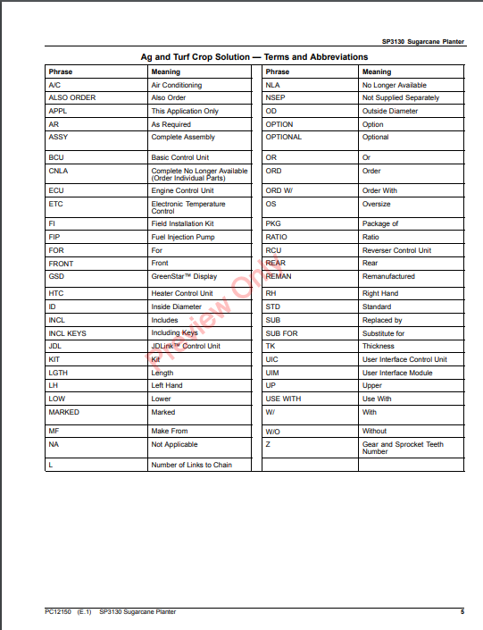 JOHN DEERE SP3130 SUGARCANE PLANTER PC12150 - PARTS CATALOG MANUAL