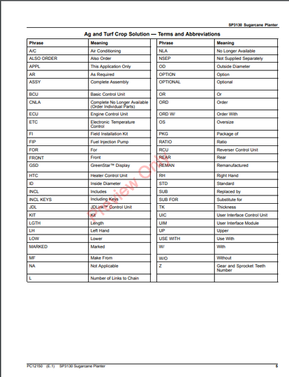 JOHN DEERE SP3130 SUGARCANE PLANTER PC12150 - PARTS CATALOG MANUAL