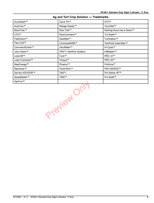 JOHN DEERE RC5011 STANDARD DUTY RIGID CULTIVATOR, 11 ROW PC16301 - PARTS CATALOG MANUAL