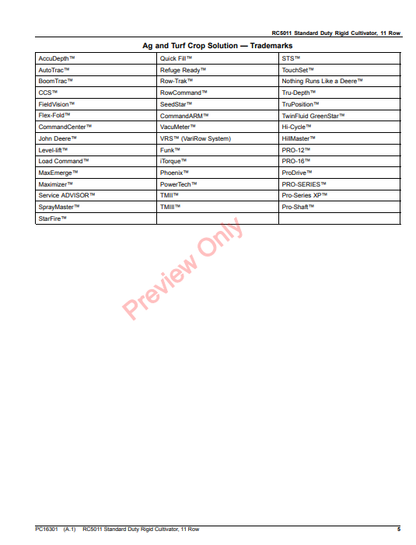 JOHN DEERE RC5011 STANDARD DUTY RIGID CULTIVATOR, 11 ROW PC16301 - PARTS CATALOG MANUAL