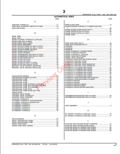 JOHN DEERE 520, 535, 550 PULL-TYPE SPRAYERS PC1224 - PARTS CATALOG MANUAL