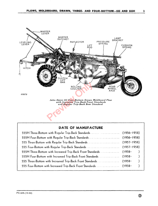 JOHN DEERE 555, 555H THREE-, FOUR-BOTTOM DRAWN MOLDBOARD PLOWS PC524 - PARTS CATALOG MANUAL