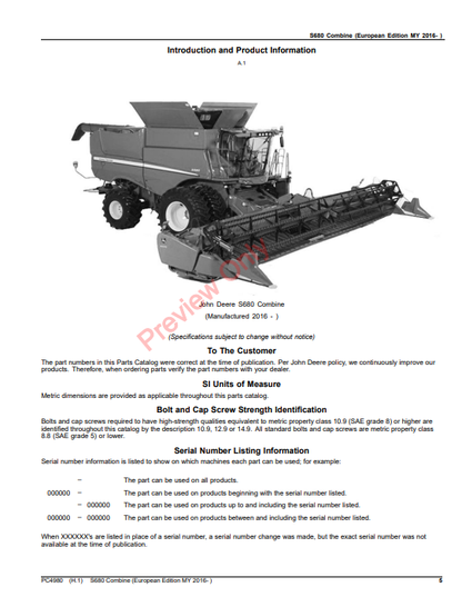 JOHN DEERE S680 COMBINE (EUROPEAN EDITION) PC4980 - PARTS CATALOG MANUAL