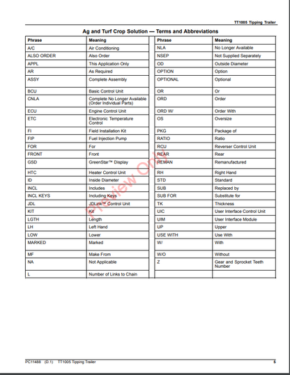 JOHN DEERE TT1005 TIPPING TRAILER PC11488 - PARTS CATALOG MANUAL