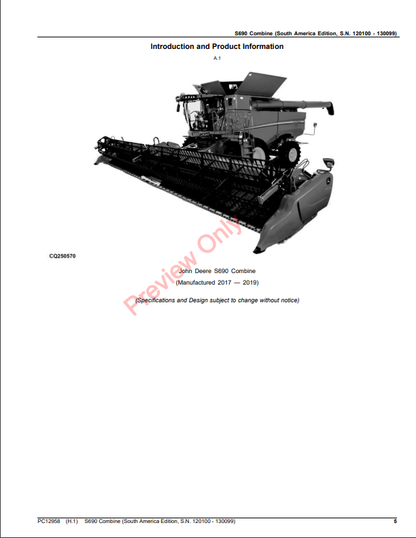 JOHN DEERE S690 COMBINE PC12958 - PARTS CATALOG MANUAL