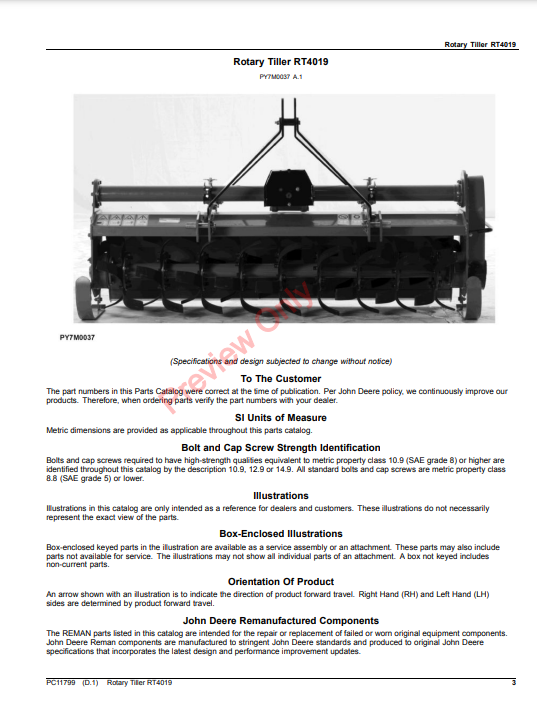 JOHN DEERE ROTARY TILLER RT4019 PC11799 - PARTS CATALOG MANUAL