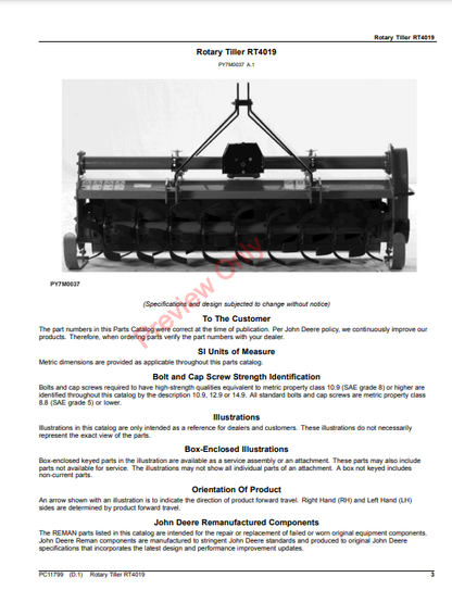 JOHN DEERE ROTARY TILLER RT4019 PC11799 - PARTS CATALOG MANUAL