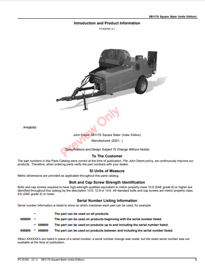 JOHN DEERE SB1179 SQUARE BALER (INDIA EDITION) PC16165 - PARTS CATALOG MANUAL